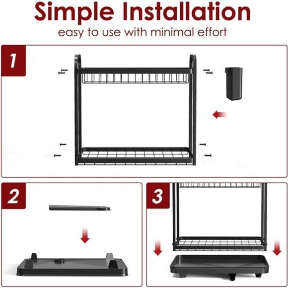 2-Tier Dish Drying Rack Stainless Steel Kitchen Organizer with Drainboard and Ho - Picture 5 of 7